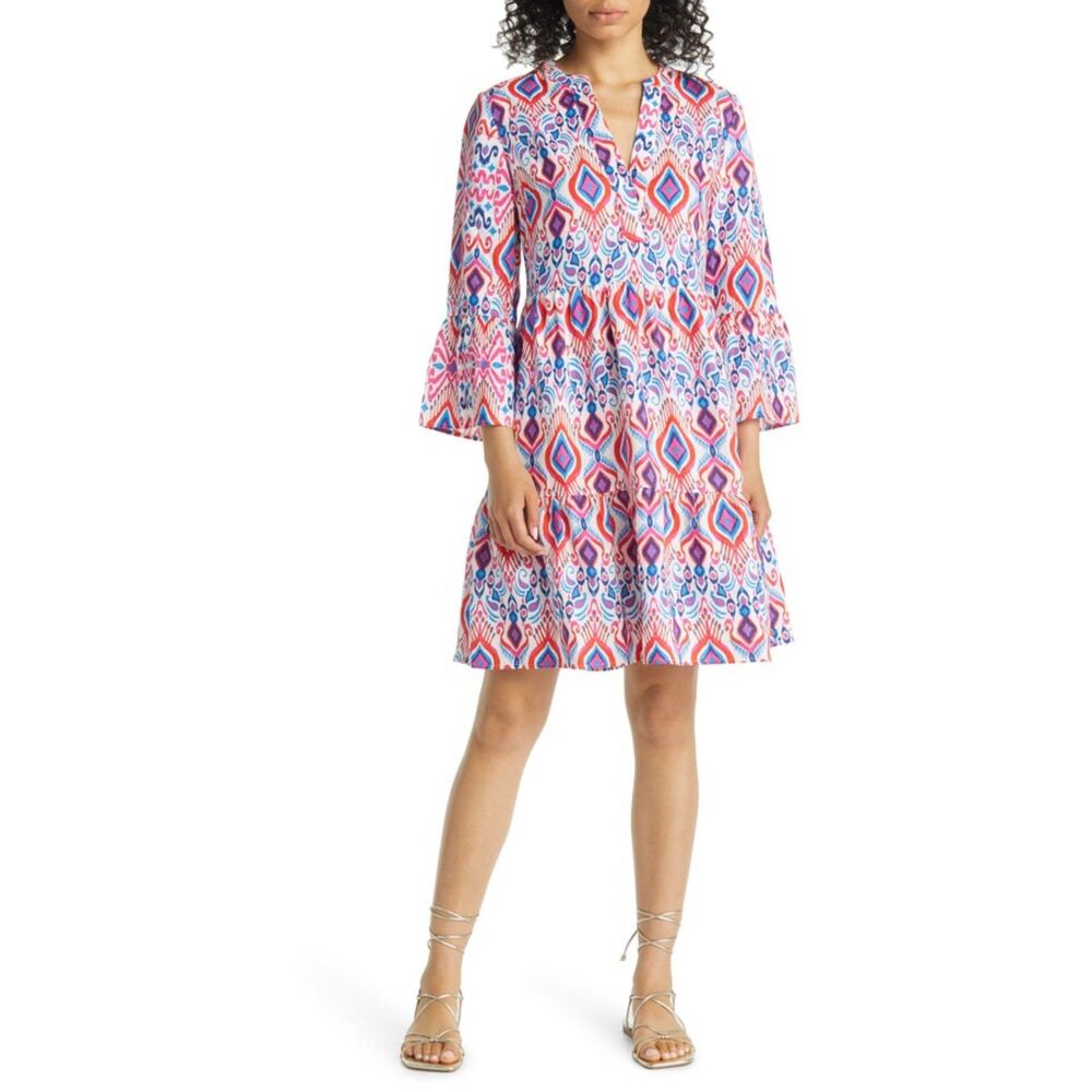 Boden Relaxed Tiered Linen Dress Women's 2P Red Blue Colorful 3/4 Sleeve Resort